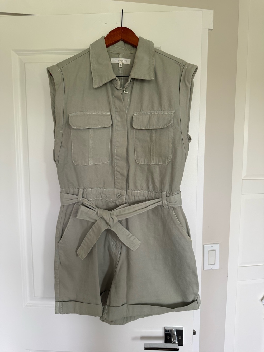 Dynamite Sleeveless Utility Romper in Sage Green